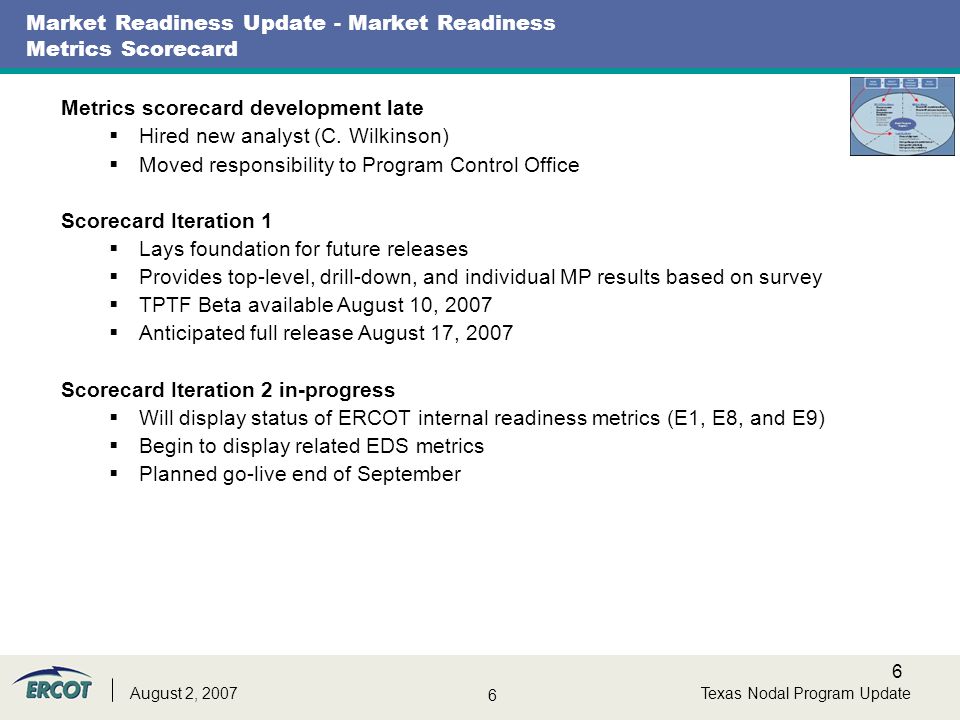 6 6 Texas Nodal Program UpdateAugust 2, 2007 Market Readiness Update - Market Readiness Metrics Scorecard Metrics scorecard development late  Hired new analyst (C.