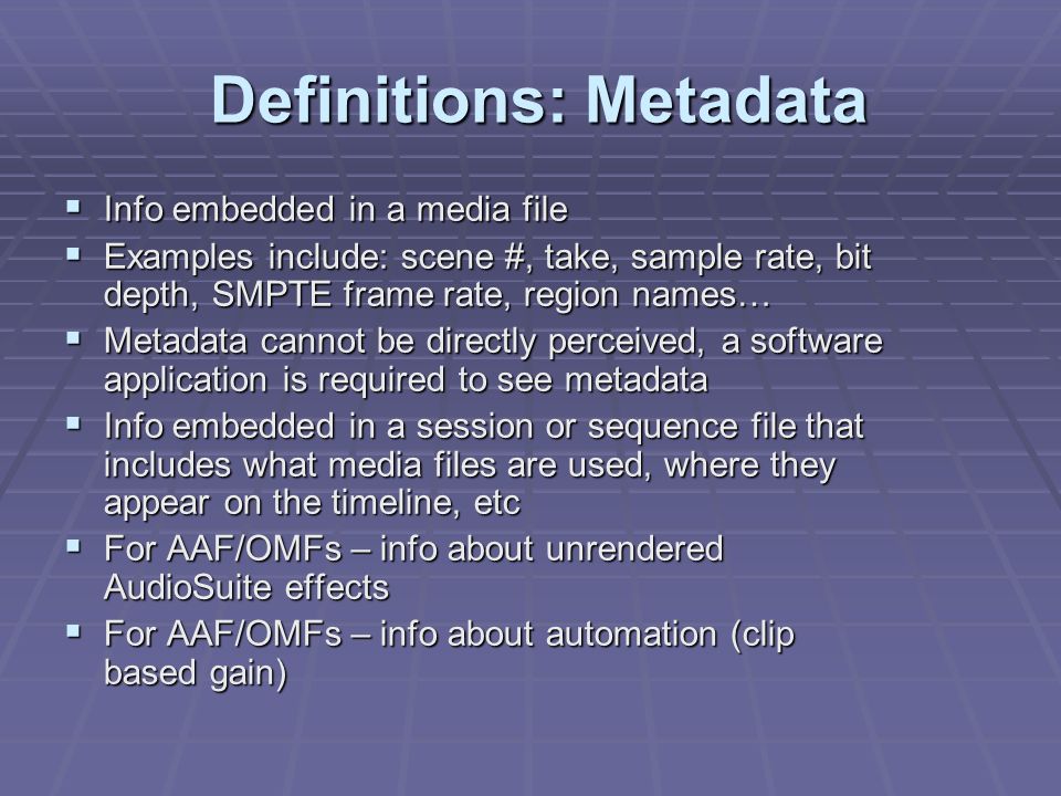 Overview of AAF, OMFI and MXF Files. Definitions: Media Files Definitions: Media  Files  Represents raw audio or video and are stored in individual files. -  ppt download