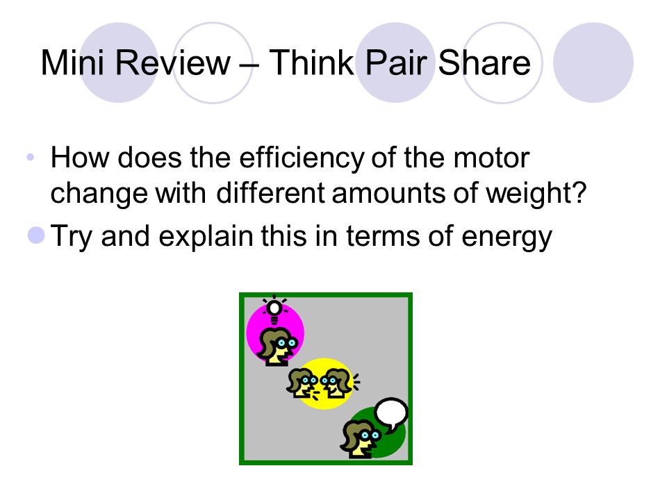 Mini Review – Think Pair Share How does the efficiency of the motor change with different amounts of weight.