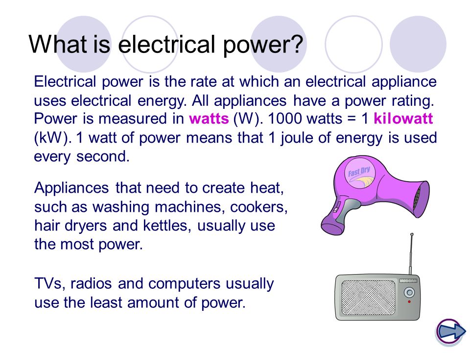 Electrical power is the rate at which an electrical appliance uses electrical energy.