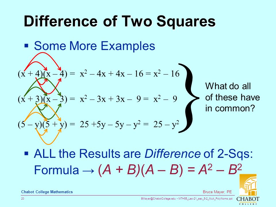 MTH55_Lec-21_sec_5-2_Mult_PolyNoms.ppt 20 Bruce Mayer, PE Chabot College Mathematics Difference of Two Squares  Some More Examples (x + 4)(x – 4) =x2 x2 – 4x + – 16 =x2 x2 – (x + 3)(x – 3) =x2 x2 – 3x + – 9 =x2 x2 – 9 (5 – y)(5 + y) =25 +5y – 5y – y2 y2 =25 – y2y2 } What do all of these have in common.