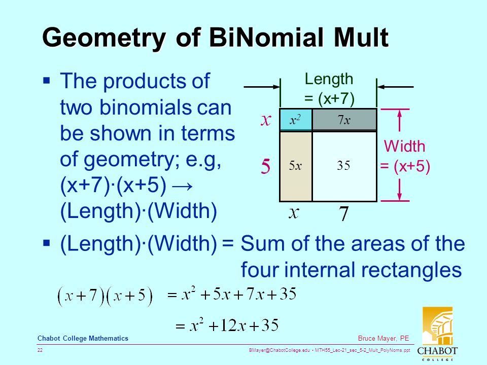 MTH55_Lec-21_sec_5-2_Mult_PolyNoms.ppt 22 Bruce Mayer, PE Chabot College Mathematics Geometry of BiNomial Mult  The products of two binomials can be shown in terms of geometry; e.g, (x+7)·(x+5) → (Length)·(Width) 35 5x5x 7x7xx2x2 Width = (x+5) Length = (x+7)  (Length)·(Width) = Sum of the areas of the four internal rectangles