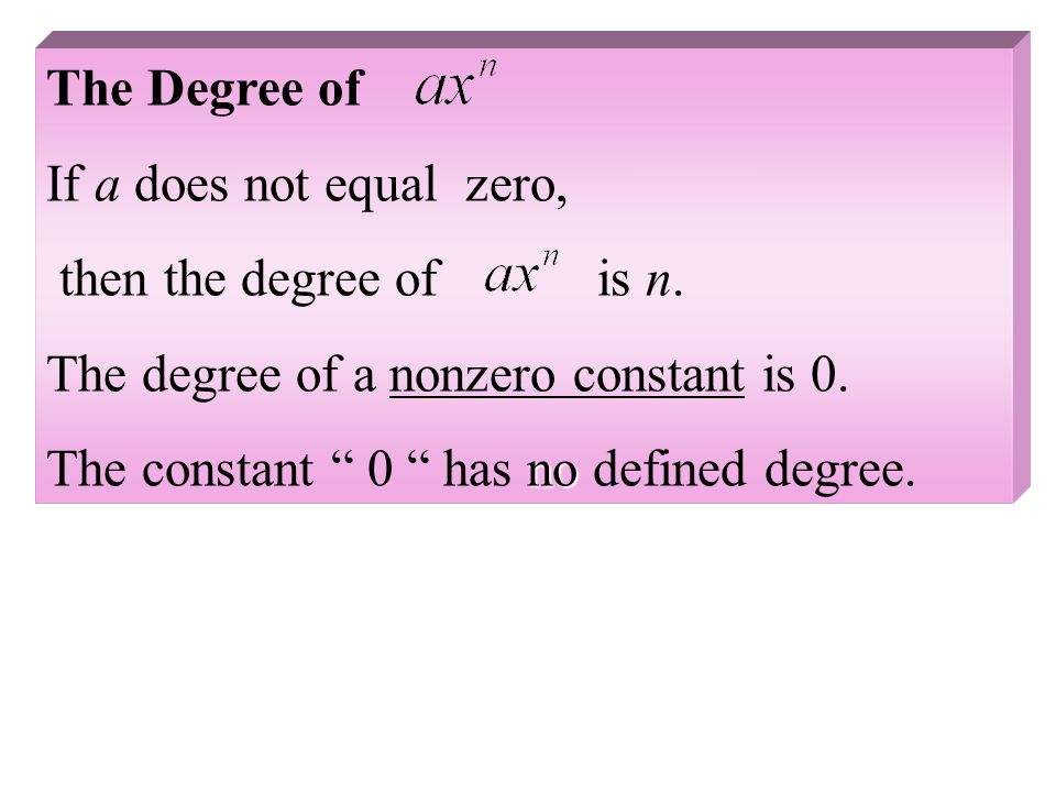 The Degree of If a does not equal zero, then the degree of is n.