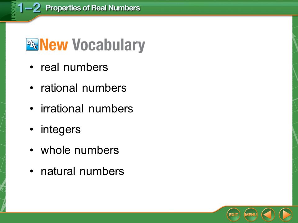 Vocabulary real numbers rational numbers irrational numbers integers whole numbers natural numbers