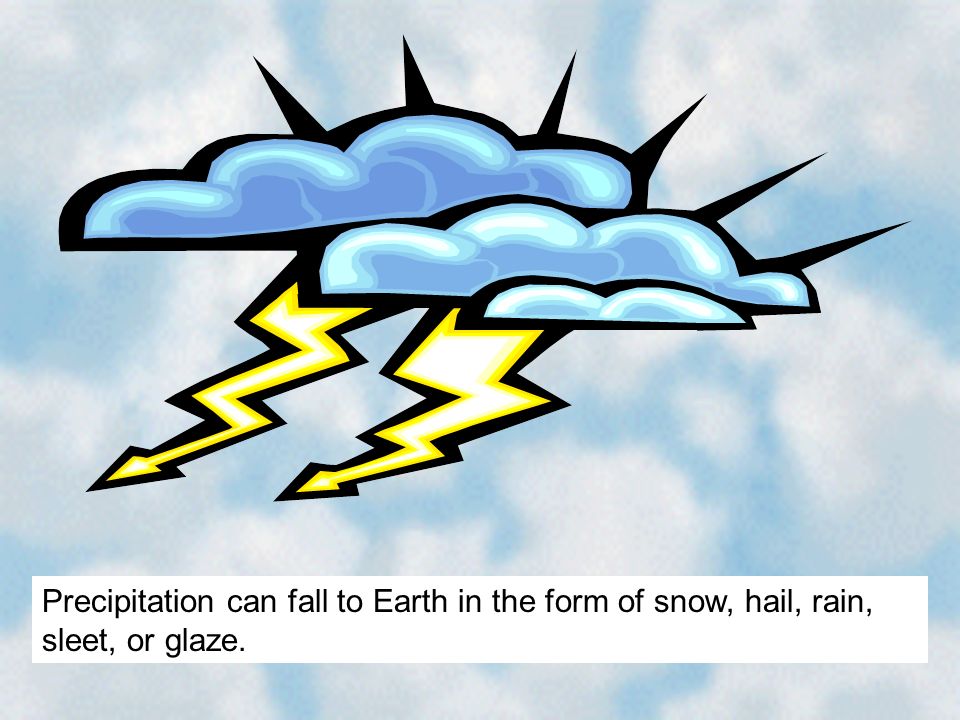 Precipitation can fall to Earth in the form of snow, hail, rain, sleet, or glaze.