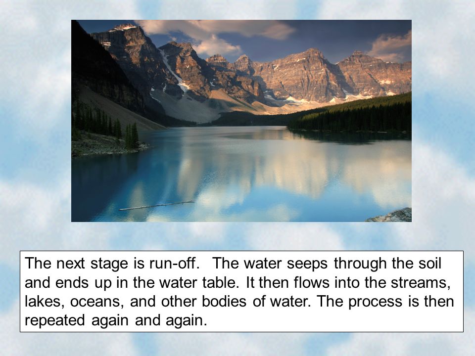 The next stage is run-off. The water seeps through the soil and ends up in the water table.