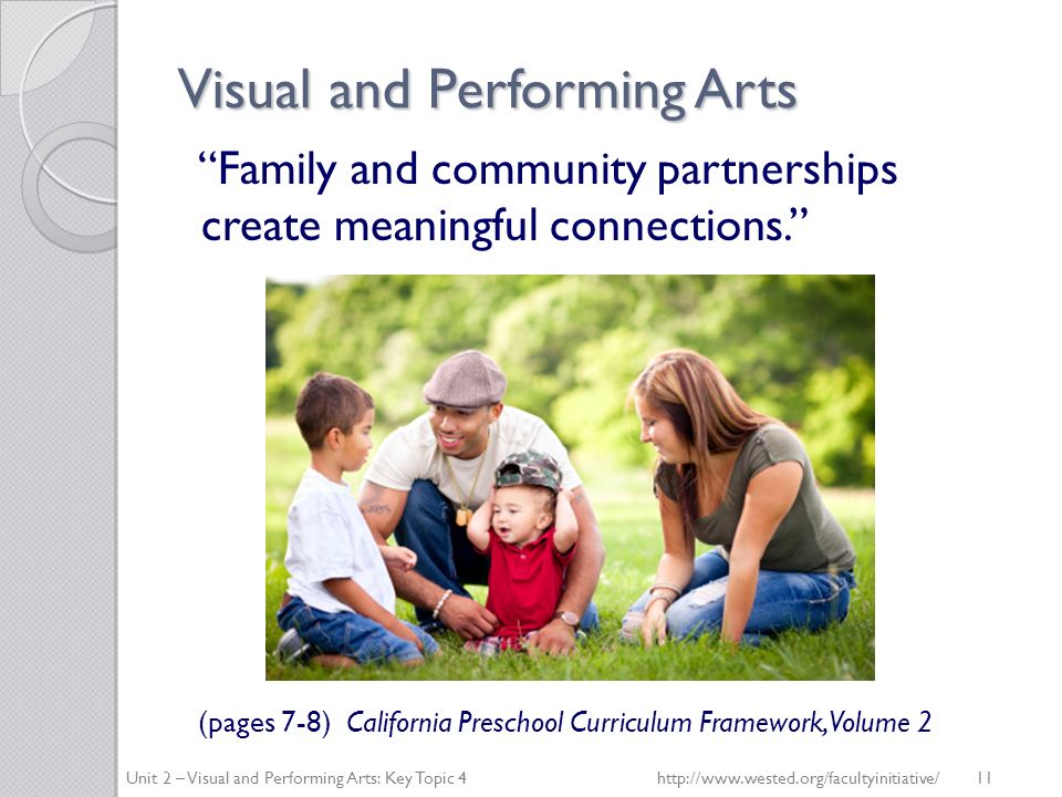 Visual and Performing Arts Family and community partnerships create meaningful connections. (pages 7-8) California Preschool Curriculum Framework, Volume 2 Unit 2 – Visual and Performing Arts: Key Topic