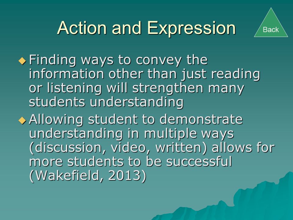 Action and Expression  Finding ways to convey the information other than just reading or listening will strengthen many students understanding  Allowing student to demonstrate understanding in multiple ways (discussion, video, written) allows for more students to be successful (Wakefield, 2013) Back