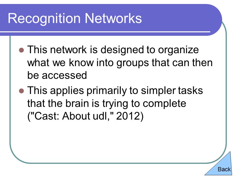 Recognition Networks This network is designed to organize what we know into groups that can then be accessed This applies primarily to simpler tasks that the brain is trying to complete ( Cast: About udl, 2012) Back