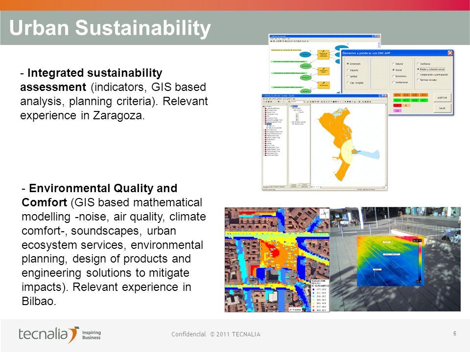 Confidencial © 2011 TECNALIA 5 Urban Sustainability - Integrated sustainability assessment (indicators, GIS based analysis, planning criteria).