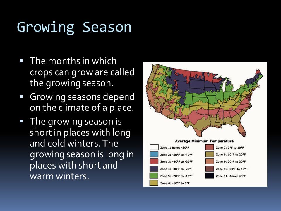 Growing Season  The months in which crops can grow are called the growing season.