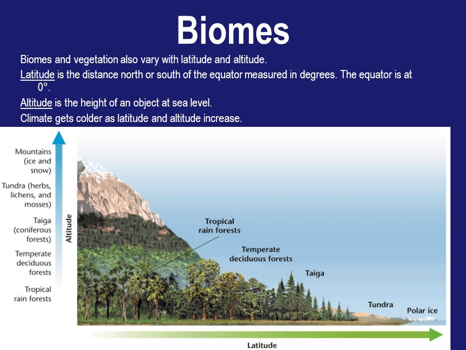 Biomes Biomes and vegetation also vary with latitude and altitude.