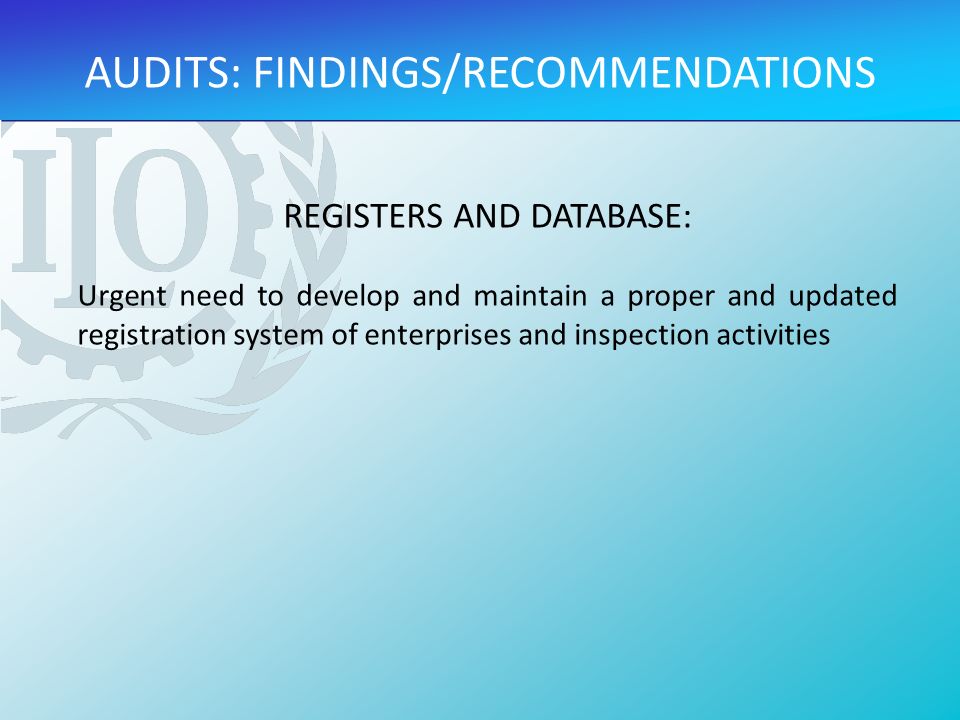 REGISTERS AND DATABASE: Urgent need to develop and maintain a proper and updated registration system of enterprises and inspection activities AUDITS: FINDINGS/RECOMMENDATIONS