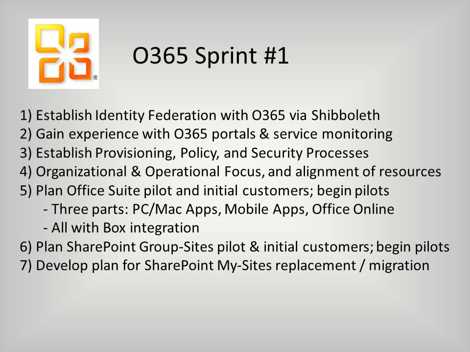 O365 Sprint #1 1) Establish Identity Federation with O365 via Shibboleth 2) Gain experience with O365 portals & service monitoring 3) Establish Provisioning, Policy, and Security Processes 4) Organizational & Operational Focus, and alignment of resources 5) Plan Office Suite pilot and initial customers; begin pilots - Three parts: PC/Mac Apps, Mobile Apps, Office Online - All with Box integration 6) Plan SharePoint Group-Sites pilot & initial customers; begin pilots 7) Develop plan for SharePoint My-Sites replacement / migration