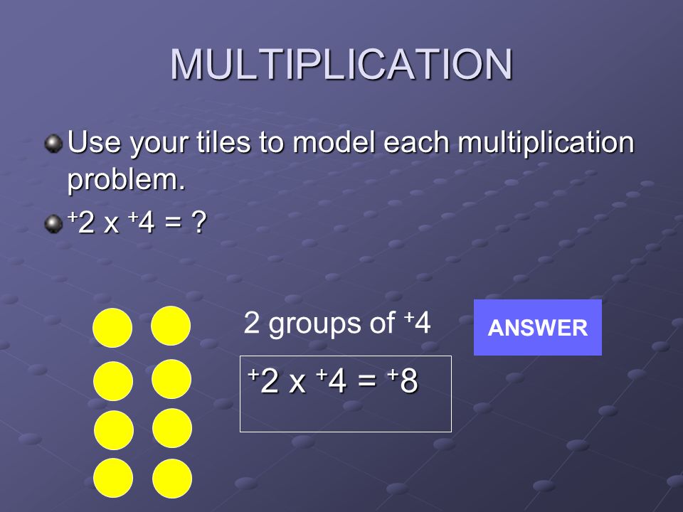 MULTIPLICATION Since 2 x 3 = 6 and 3 x 2 = 6, does it make sense that - 3 x 2 = - 6 .