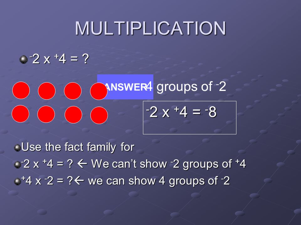 MULTIPLICATION + 3 x - 3 = ANSWER 3 groups of x - 3 = - 9