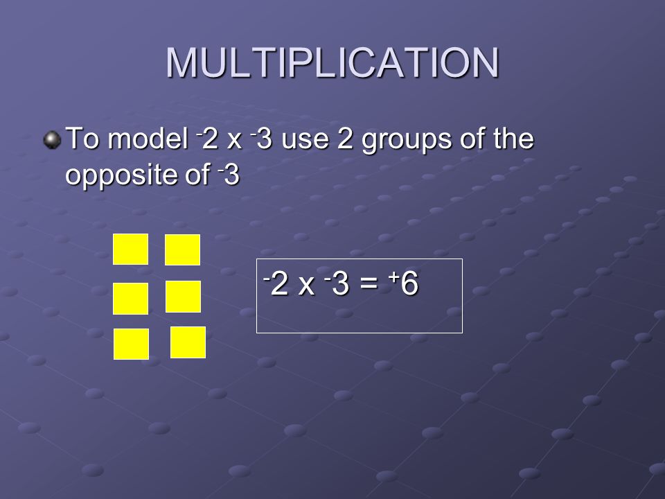 MULTIPLICATION + 1, - 1 are opposites the products are opposite Since + 2 and - 2 are opposites of each other, + 2 x - 3 and - 2 x - 3 have opposite products.