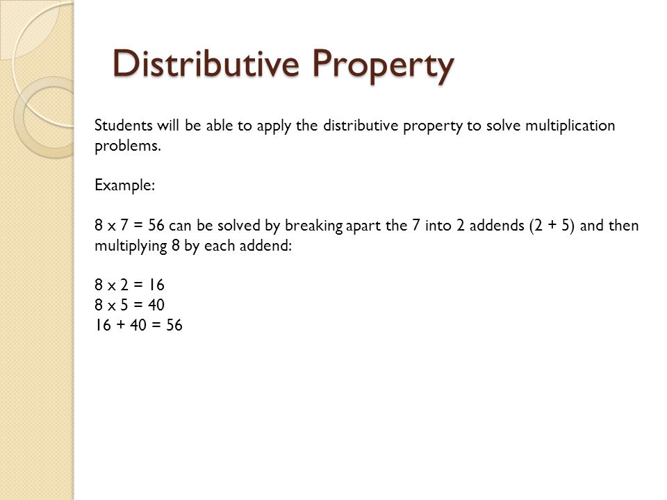Distributive Property Students will be able to apply the distributive property to solve multiplication problems.
