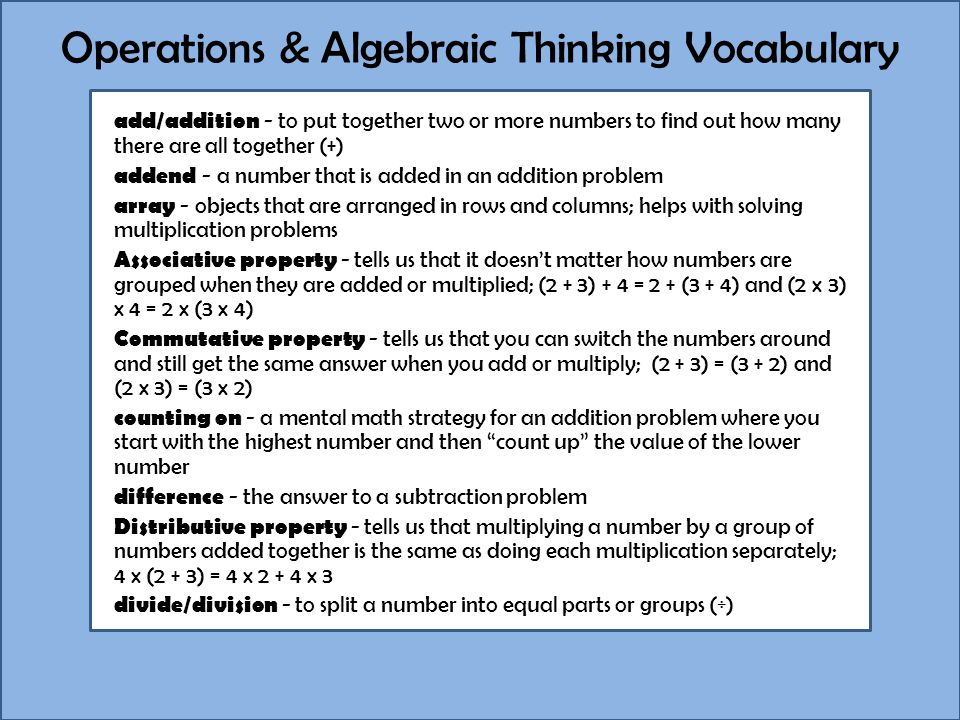 Operations & Algebraic Thinking Vocabulary add/addition - to put together two or more numbers to find out how many there are all together (+) addend - a number that is added in an addition problem array - objects that are arranged in rows and columns; helps with solving multiplication problems Associative property - tells us that it doesn’t matter how numbers are grouped when they are added or multiplied; (2 + 3) + 4 = 2 + (3 + 4) and (2 x 3) x 4 = 2 x (3 x 4) Commutative property - tells us that you can switch the numbers around and still get the same answer when you add or multiply; (2 + 3) = (3 + 2) and (2 x 3) = (3 x 2) counting on - a mental math strategy for an addition problem where you start with the highest number and then count up the value of the lower number difference - the answer to a subtraction problem Distributive property - tells us that multiplying a number by a group of numbers added together is the same as doing each multiplication separately; 4 x (2 + 3) = 4 x x 3 divide/division - to split a number into equal parts or groups (÷)