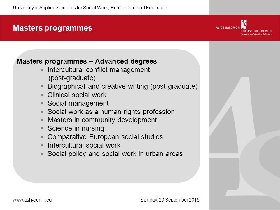 University of Applied Sciences for Social Work, Health Care and Education  Sunday, 20 September 2015www.ash-berlin.eu Alice Salomon Hochschule Berlin.  - ppt download