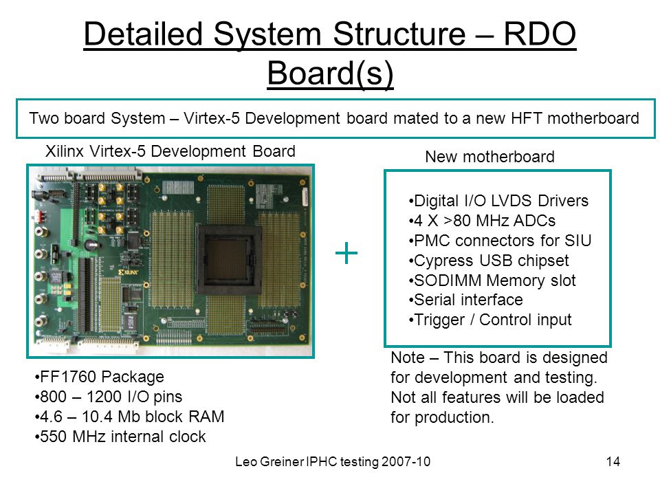 Leo Greiner IPHC testing Detailed System Structure – RDO Board(s) New motherboard Two board System – Virtex-5 Development board mated to a new HFT motherboard Xilinx Virtex-5 Development Board Digital I/O LVDS Drivers 4 X >80 MHz ADCs PMC connectors for SIU Cypress USB chipset SODIMM Memory slot Serial interface Trigger / Control input FF1760 Package 800 – 1200 I/O pins 4.6 – 10.4 Mb block RAM 550 MHz internal clock Note – This board is designed for development and testing.