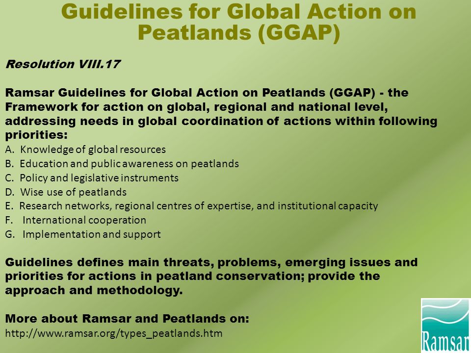 Guidelines for Global Action on Peatlands (GGAP) Resolution VIII.17 Ramsar Guidelines for Global Action on Peatlands (GGAP) - the Framework for action on global, regional and national level, addressing needs in global coordination of actions within following priorities: A.