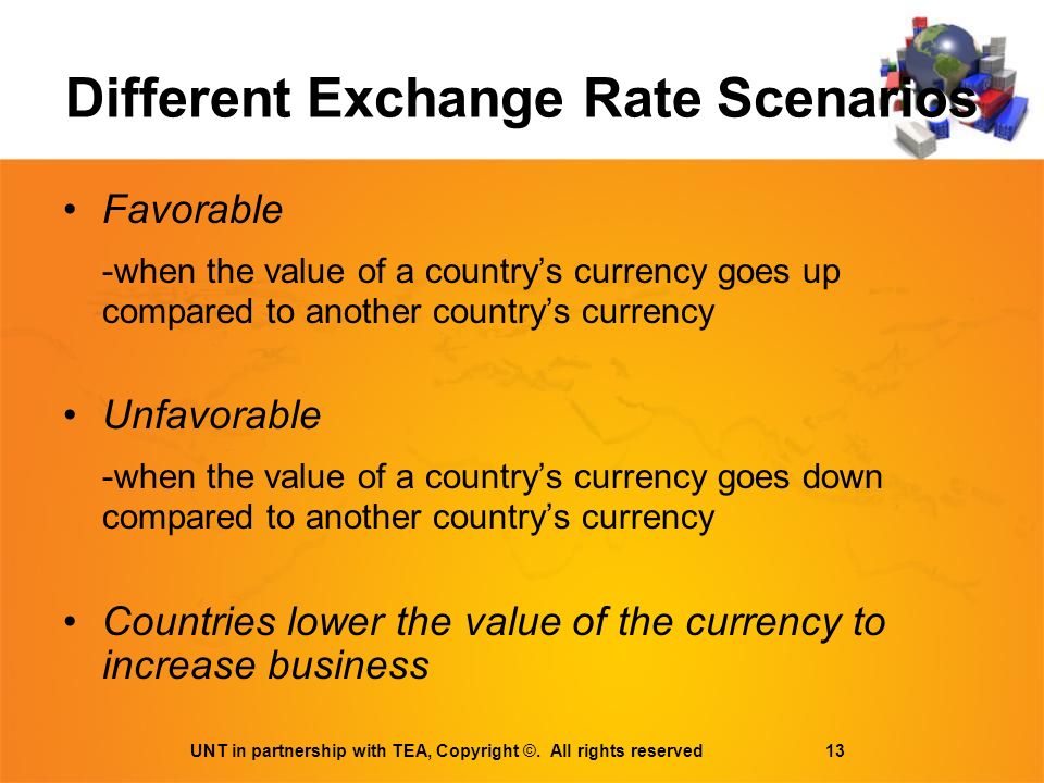Different Exchange Rate Scenarios Favorable -when the value of a country’s currency goes up compared to another country’s currency Unfavorable -when the value of a country’s currency goes down compared to another country’s currency Countries lower the value of the currency to increase business UNT in partnership with TEA, Copyright ©.