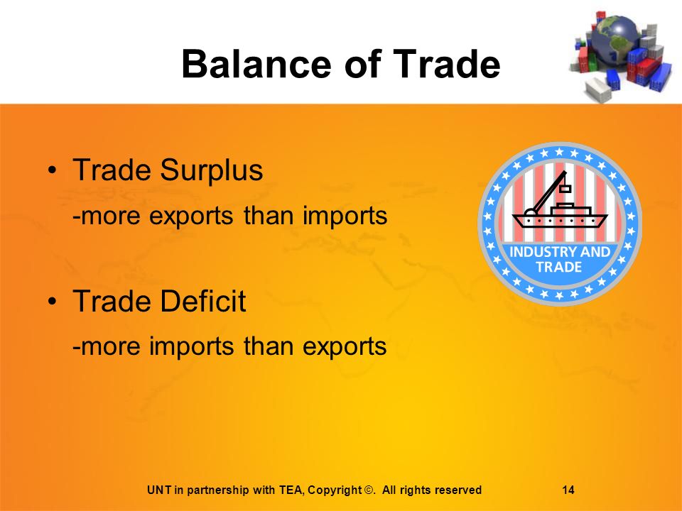 Balance of Trade Trade Surplus -more exports than imports Trade Deficit -more imports than exports UNT in partnership with TEA, Copyright ©.