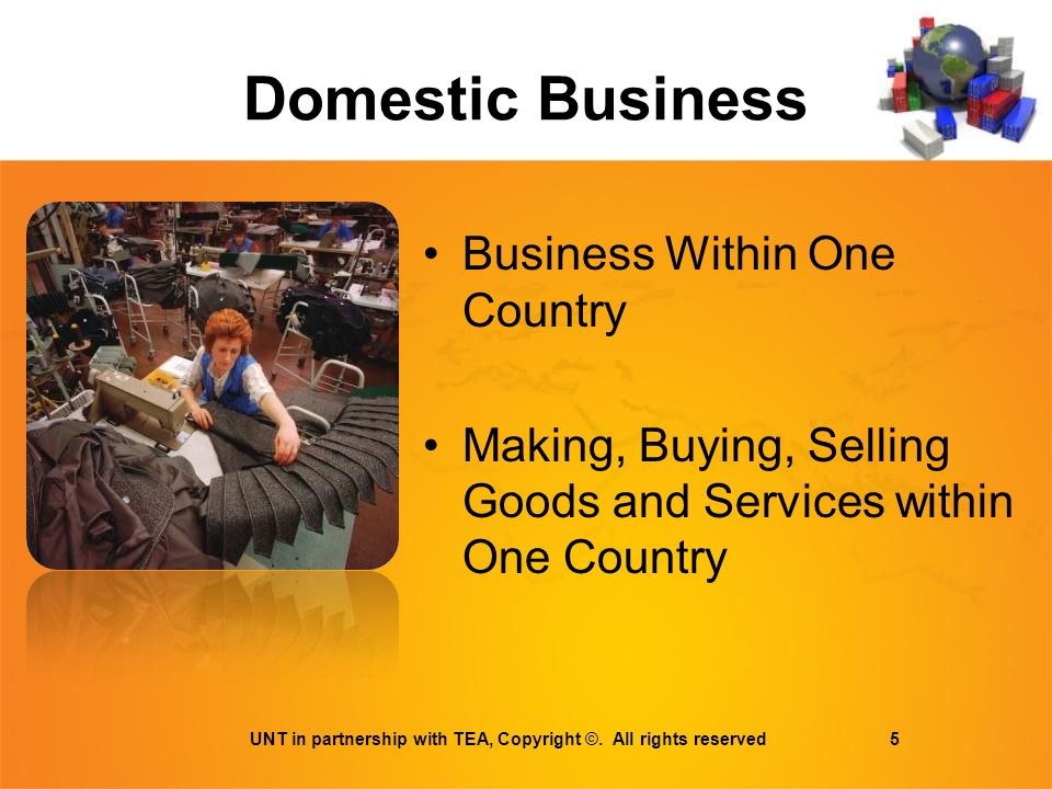 Domestic Business Business Within One Country Making, Buying, Selling Goods and Services within One Country UNT in partnership with TEA, Copyright ©.