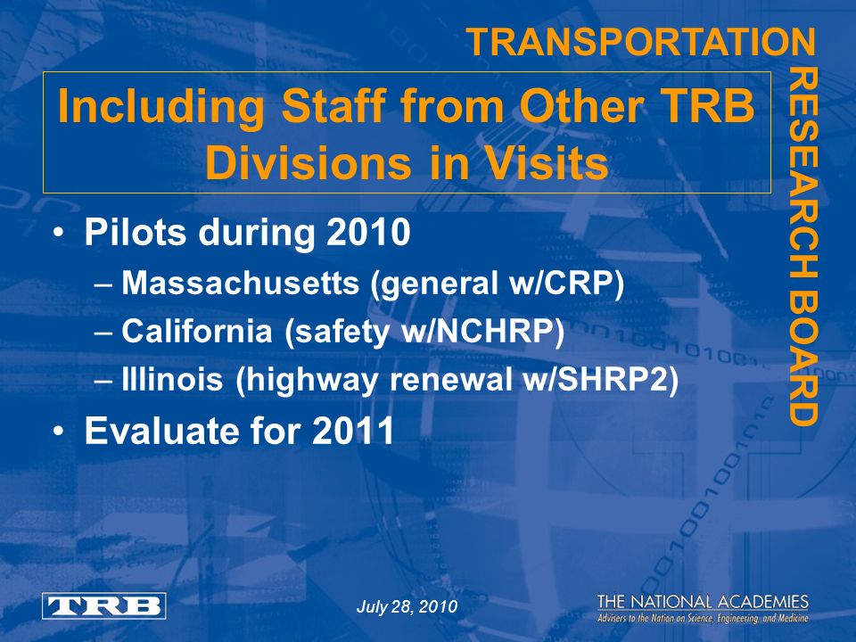 TRANSPORTATION RESEARCH BOARD Including Staff from Other TRB Divisions in Visits Pilots during 2010 –Massachusetts (general w/CRP) –California (safety w/NCHRP) –Illinois (highway renewal w/SHRP2) Evaluate for 2011 July 28, 2010
