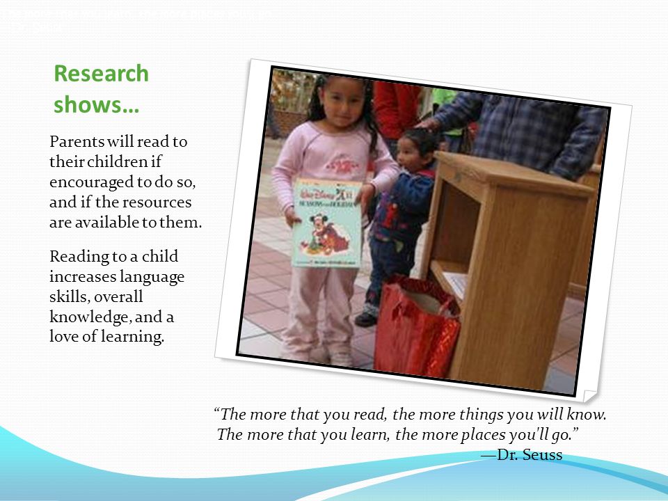 Research shows… Parents will read to their children if encouraged to do so, and if the resources are available to them.