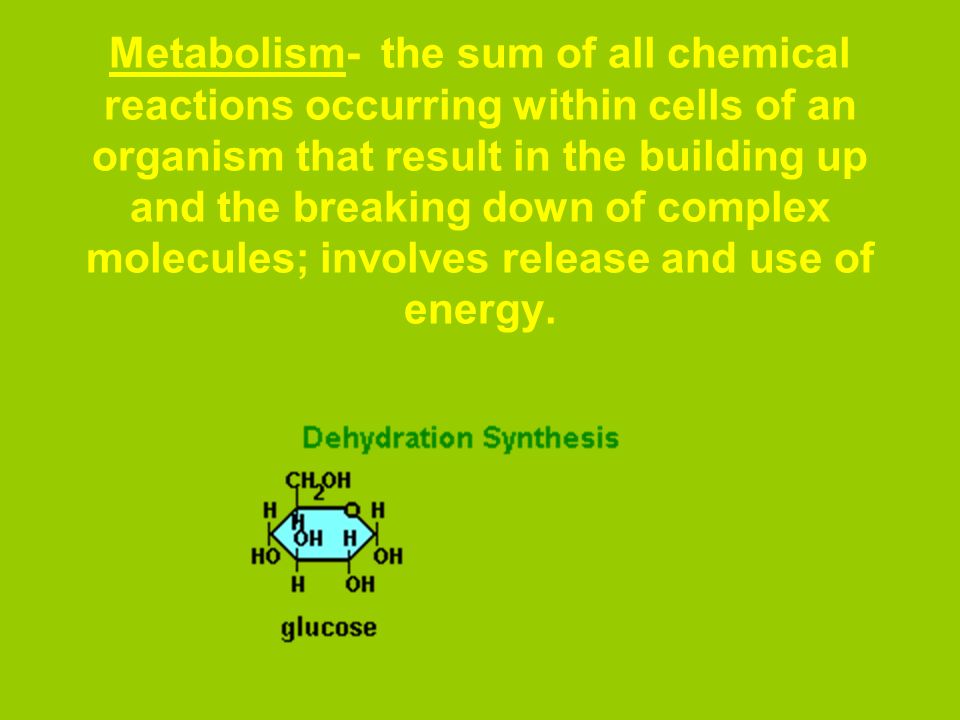 Metabolism- the sum of all chemical reactions occurring within cells of an organism that result in the building up and the breaking down of complex molecules; involves release and use of energy.