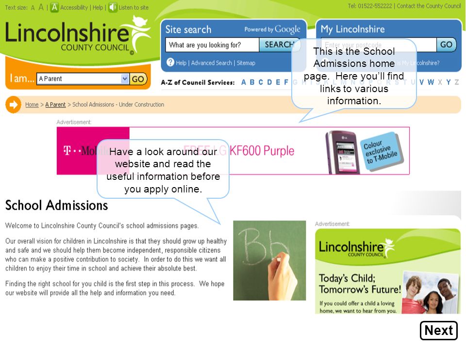 This is the School Admissions home page. Here you’ll find links to various information.