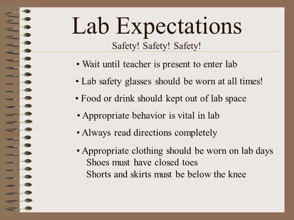 Lab Expectations Safety. Safety. Safety. Lab safety glasses should be worn at all times.
