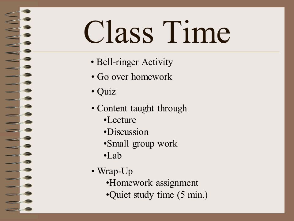 Class Time Bell-ringer Activity Go over homework Quiz Content taught through Lecture Discussion Small group work Lab Wrap-Up Homework assignment Quiet study time (5 min.)