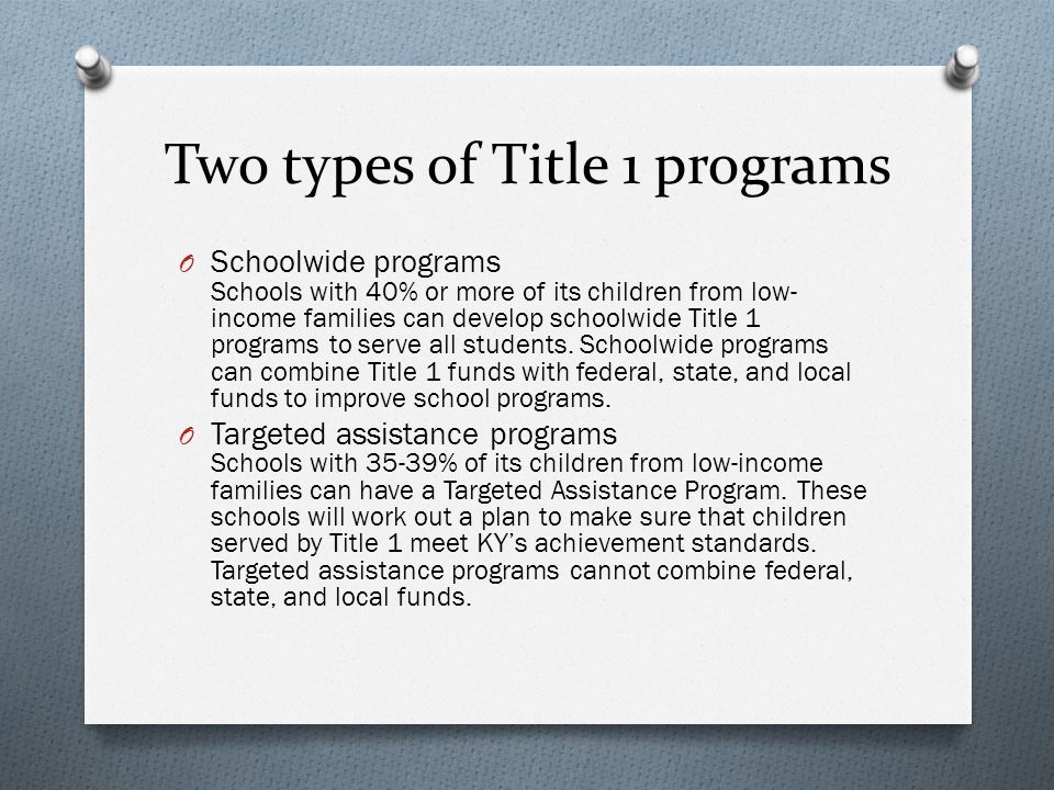 Two types of Title 1 programs O Schoolwide programs Schools with 40% or more of its children from low- income families can develop schoolwide Title 1 programs to serve all students.