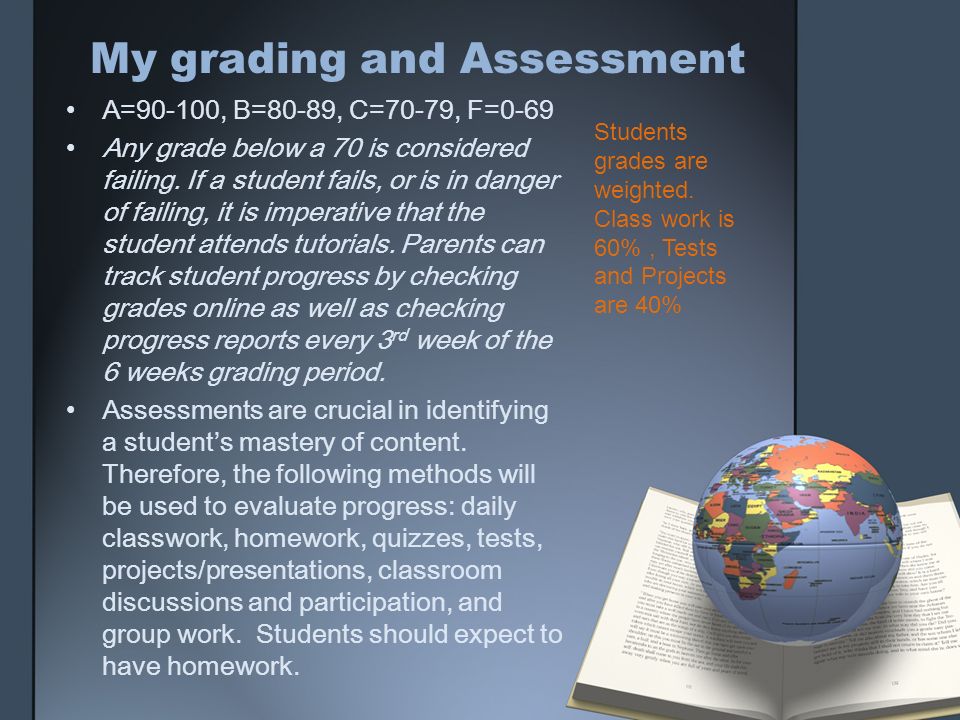 My grading and Assessment A=90-100, B=80-89, C=70-79, F=0-69 Any grade below a 70 is considered failing.