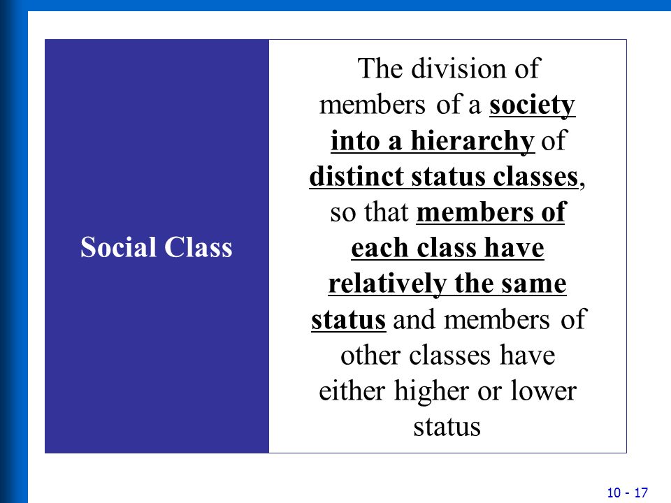 Social Class The division of members of a society into a hierarchy of distinct status classes, so that members of each class have relatively the same status and members of other classes have either higher or lower status