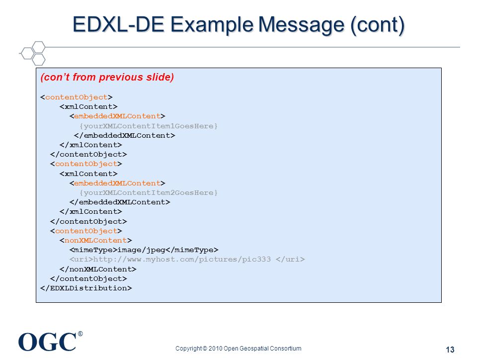 OGC ® EDXL-DE Example Message (cont) Copyright © 2010 Open Geospatial Consortium (con’t from previous slide) {yourXMLContentItem1GoesHere} {yourXMLContentItem2GoesHere} image/jpeg   13