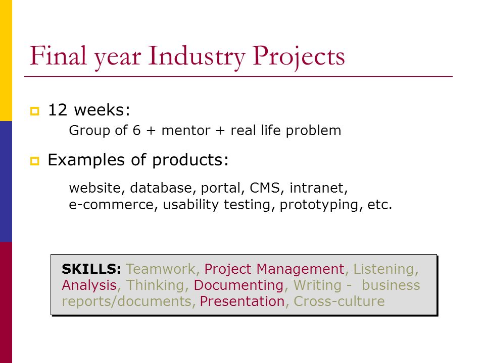SKILLS: Teamwork, Project Management, Listening, Analysis, Thinking, Documenting, Writing - business reports/documents, Presentation, Cross-culture Final year Industry Projects  12 weeks: Group of 6 + mentor + real life problem  Examples of products: website, database, portal, CMS, intranet, e-commerce, usability testing, prototyping, etc.