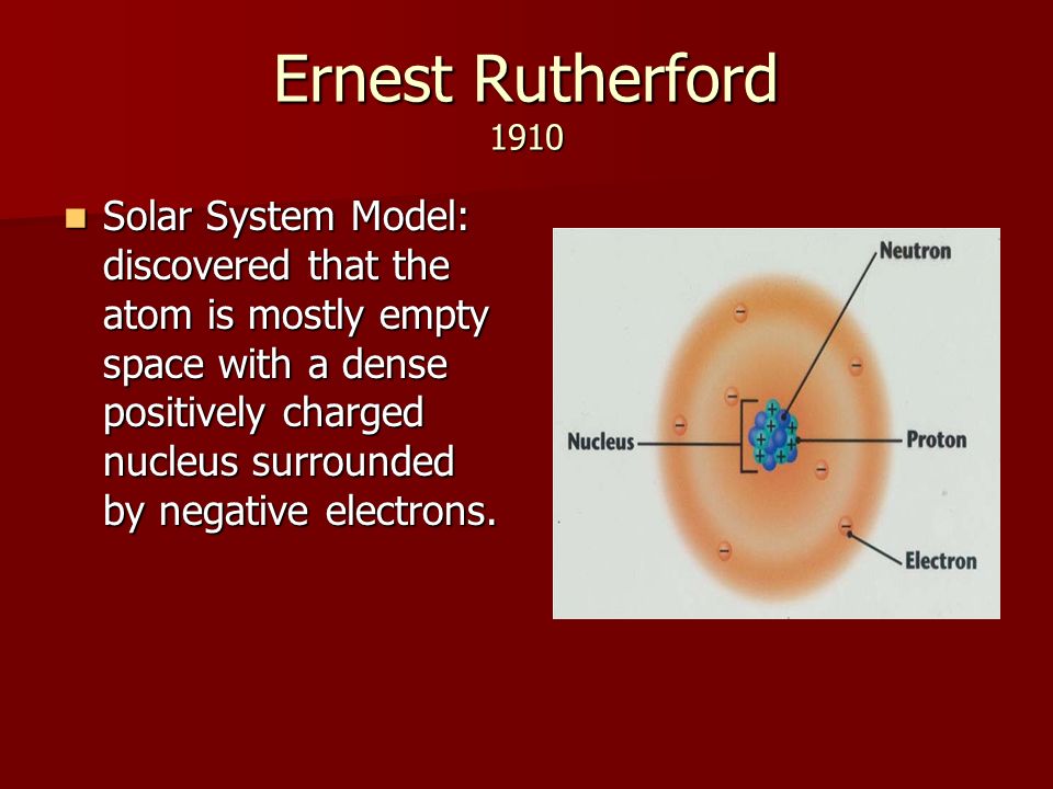 Ernest Rutherford 1910 Solar System Model: discovered that the atom is mostly empty space with a dense positively charged nucleus surrounded by negative electrons.