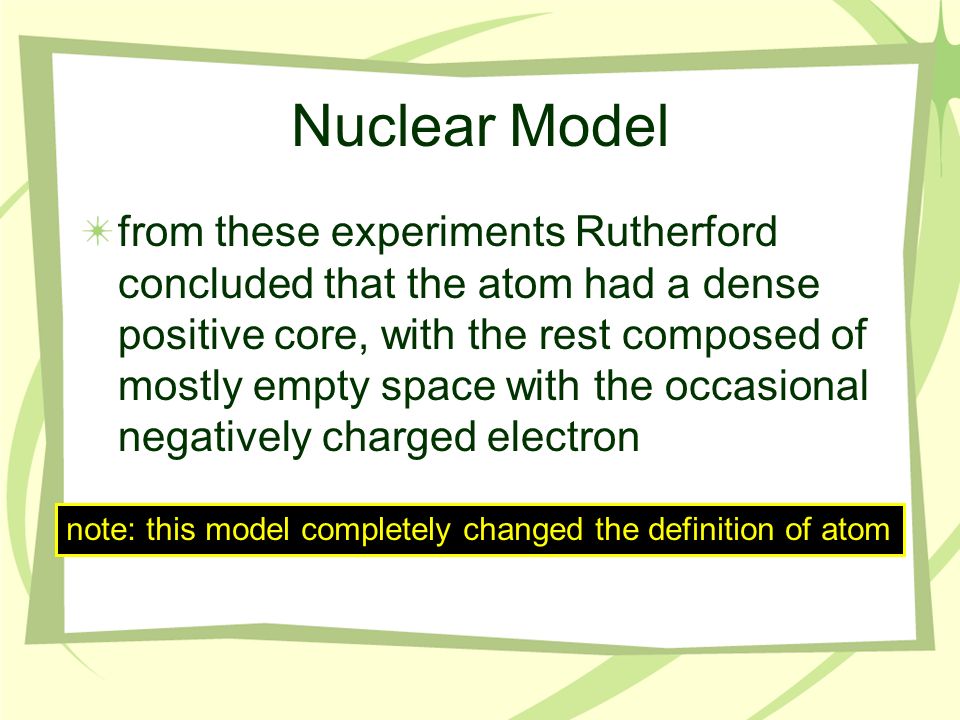 Rutherford found that most (99%) of the alpha particles that he shot at the gold went straight through Nuclear Model