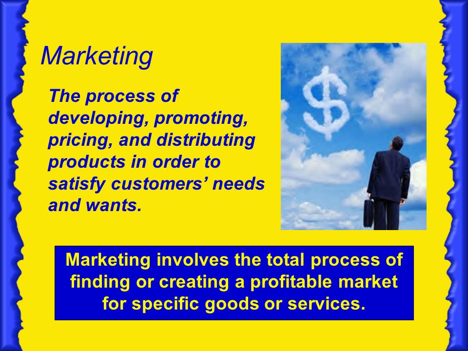 Marketing The process of developing, promoting, pricing, and distributing products in order to satisfy customers’ needs and wants.