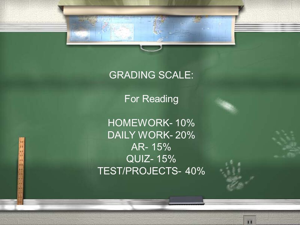 GRADING SCALE: For Reading HOMEWORK- 10% DAILY WORK- 20% AR- 15% QUIZ- 15% TEST/PROJECTS- 40%