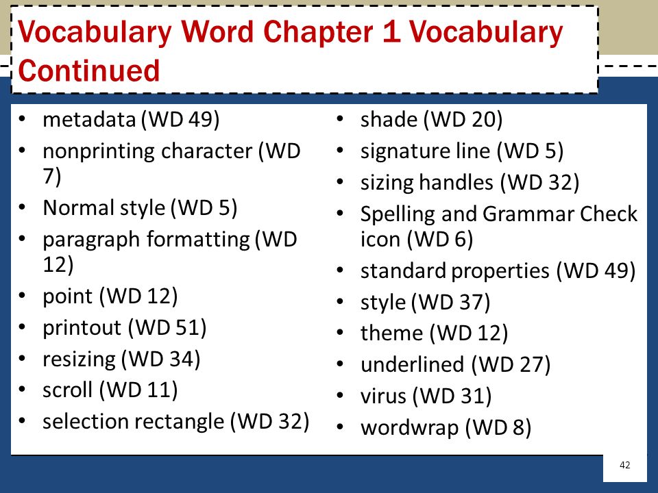 Vocabulary Word Chapter 1 Vocabulary Continued metadata (WD 49) nonprinting character (WD 7) Normal style (WD 5) paragraph formatting (WD 12) point (WD 12) printout (WD 51) resizing (WD 34) scroll (WD 11) selection rectangle (WD 32) shade (WD 20) signature line (WD 5) sizing handles (WD 32) Spelling and Grammar Check icon (WD 6) standard properties (WD 49) style (WD 37) theme (WD 12) underlined (WD 27) virus (WD 31) wordwrap (WD 8) 42