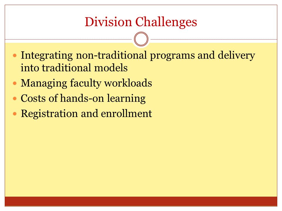 Division Challenges Integrating non-traditional programs and delivery into traditional models Managing faculty workloads Costs of hands-on learning Registration and enrollment