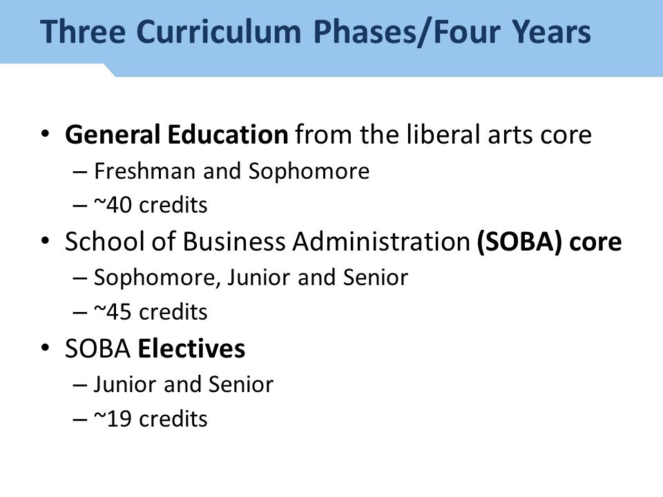 Three Curriculum Phases/Four Years General Education from the liberal arts core – Freshman and Sophomore – ~40 credits School of Business Administration (SOBA) core – Sophomore, Junior and Senior – ~45 credits SOBA Electives – Junior and Senior – ~19 credits