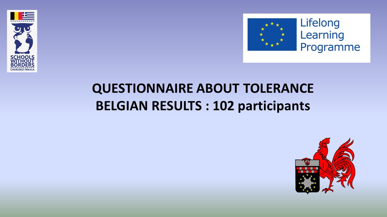 QUESTIONNAIRE ABOUT TOLERANCE BELGIAN RESULTS : 102 participants
