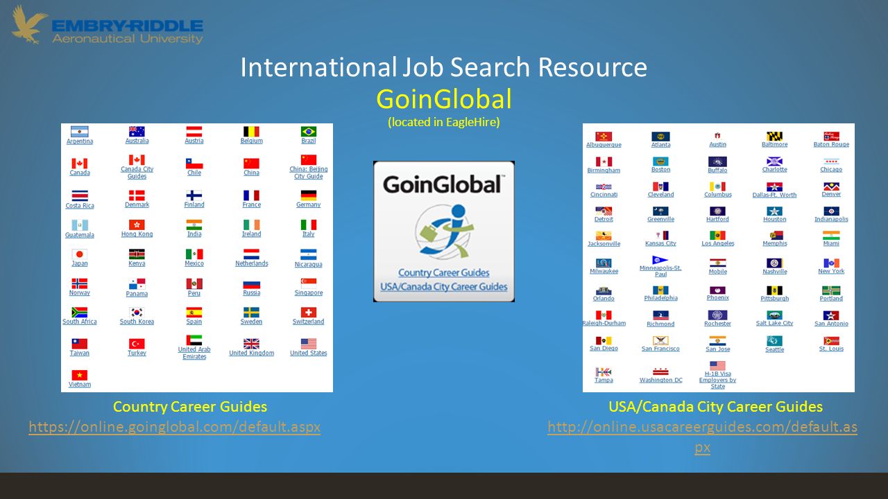 International Job Search Resource GoinGlobal (located in EagleHire) Country Career Guides   USA/Canada City Career Guides   px   px