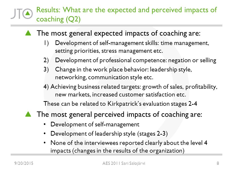 Results: What are the expected and perceived impacts of coaching (Q2) The most general expected impacts of coaching are: 1)Development of self-management skills: time management, setting priorities, stress management etc.